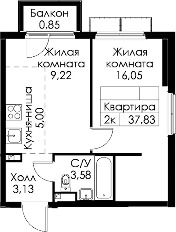 1-комнатная квартира 37.83 м², 11/15 эт., ЖК «Янинский лес»